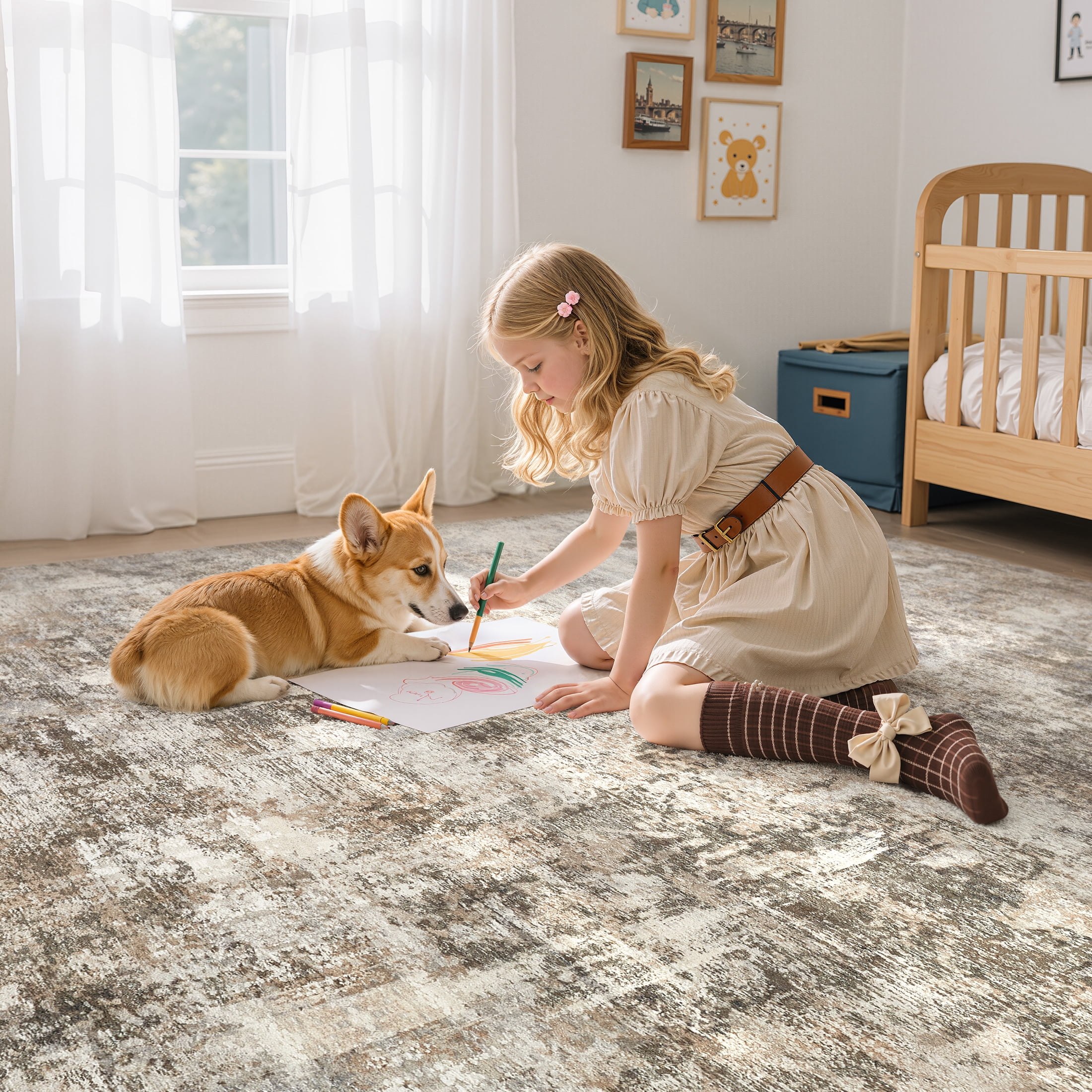 UERMEI 8x10 Washable Area Rugs for Living Room, Modern Abstract Printed Rug, Vacuum-Friendly, Non Slip Indoor Rug for Bedroom Dining Room Home Decor Carpet, Dark Brown
