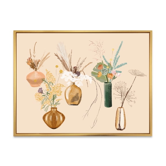 Designart 'Gold Vases With Bouquets Of Wildflowers III' Traditional Framed Canvas Wall Art Print