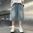 thumbnail image 2 of Tfken Summer Denim Shorts For Boys Daily Wear Holiday Elastic Waist Denim Shorts With Pockets Loose Comfortable Wide Leg Kids Comfy Clothes Size 7-8 Years Blue, 2 of 6