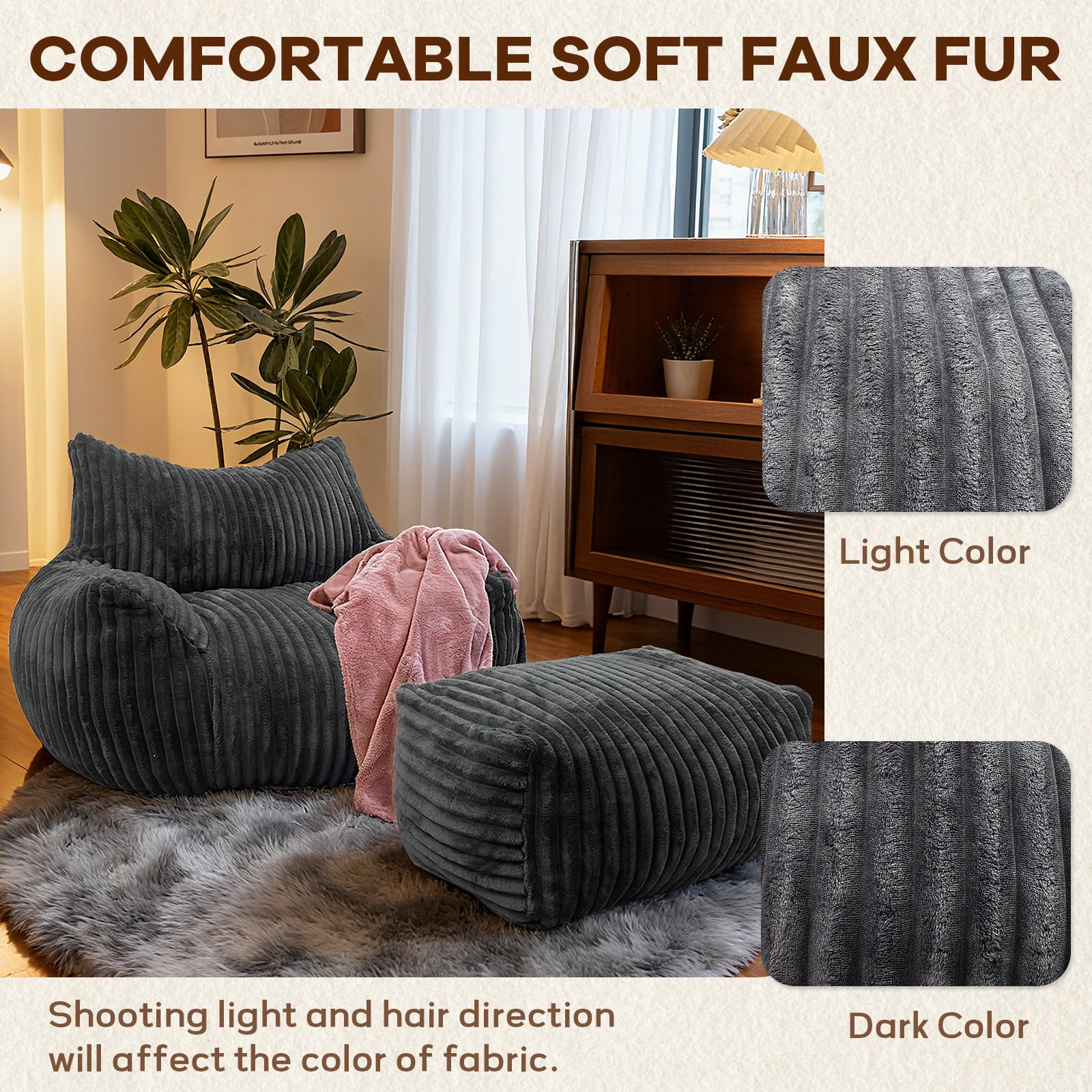 Bean Bag Chairs for Adults Teens with footrest, Cozy Fluffy Single Mini Couch,Large Bean Bag Sofa Chairs with Filling Comfy with Armrests for Reading,Living Room, Bedroom. (Black, with footrest)