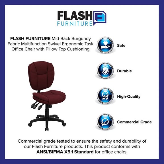 Flash Furniture Mid-Back Burgundy Fabric Multifunction Swivel Ergonomic Task Office Chair with Pillow Top Cushioning
