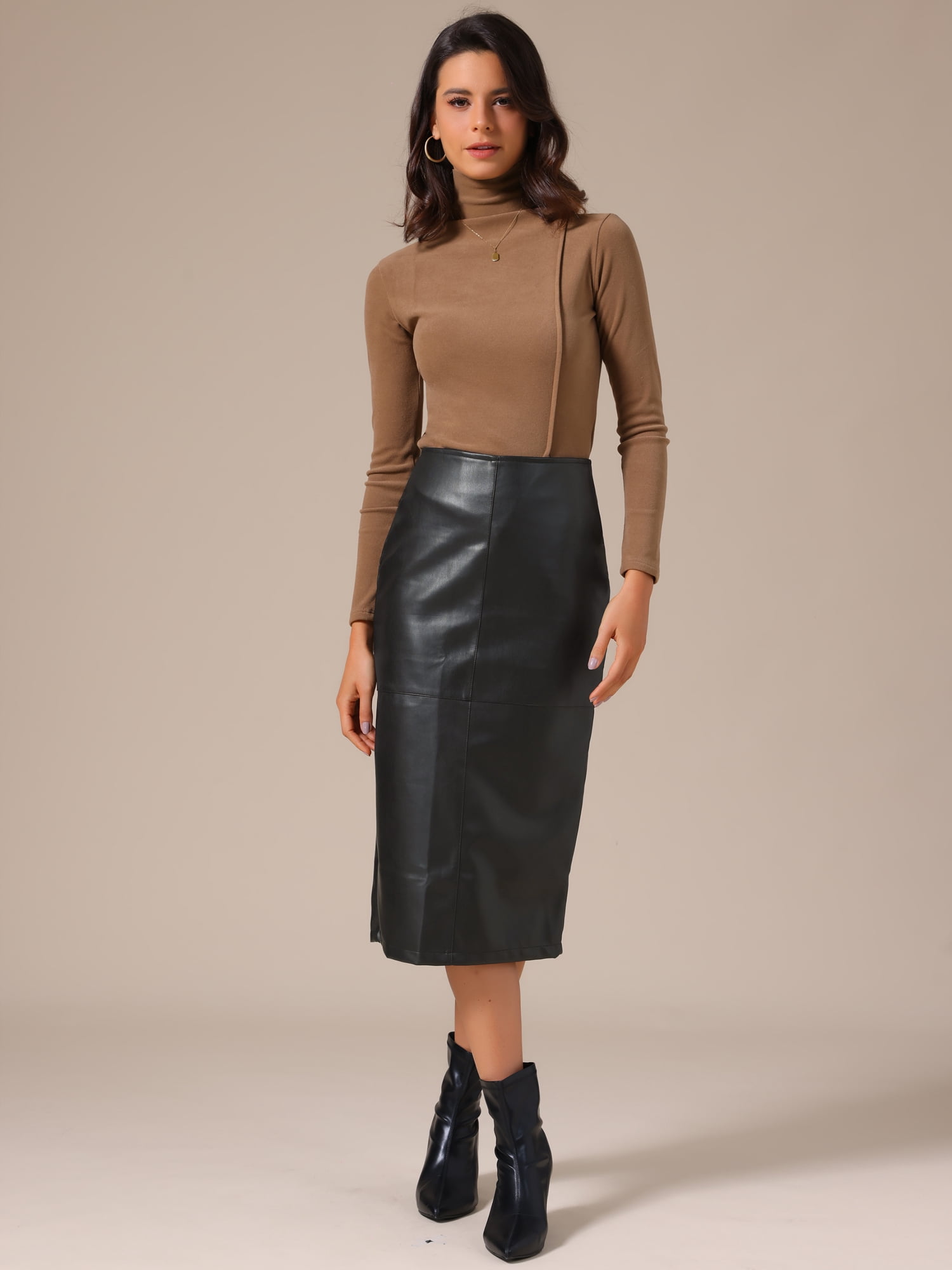 DARING DIVA Women's PU Leather Midi Party Split Back Bodycon Pencil Skirt X-Large Black