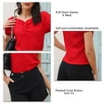 thumbnail image 6 of Women Puff Sleeve Top V Neck Short Sleeve Pleated Front Button Slim Fit Simple Plain Pattern Summer T Shirt Red XL, 6 of 7