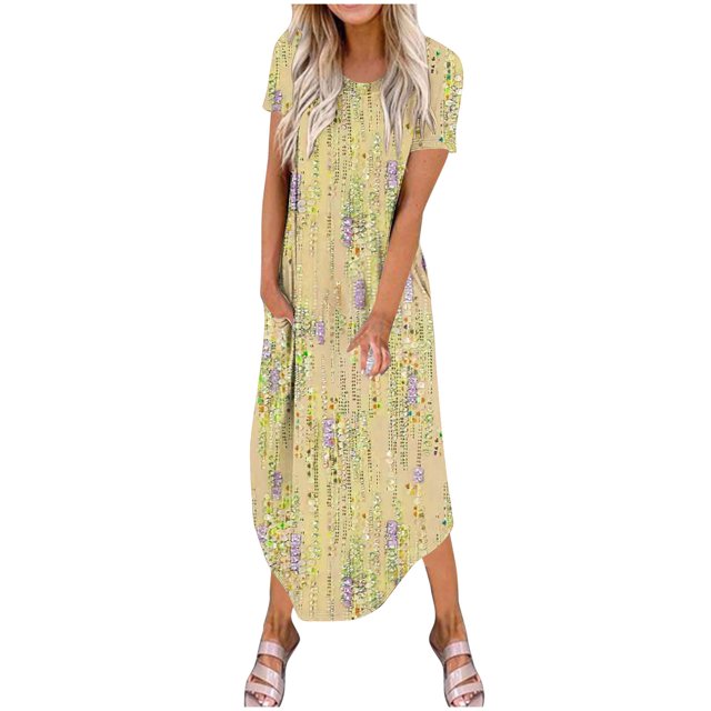 Vestidos de Verano de Mujer Casual Cuello Redondo Bolsillos de Manga Corta Impresión Vestido Largo, Vestido Ligero de Poliéster para Diario, Fiesta Y Primavera
