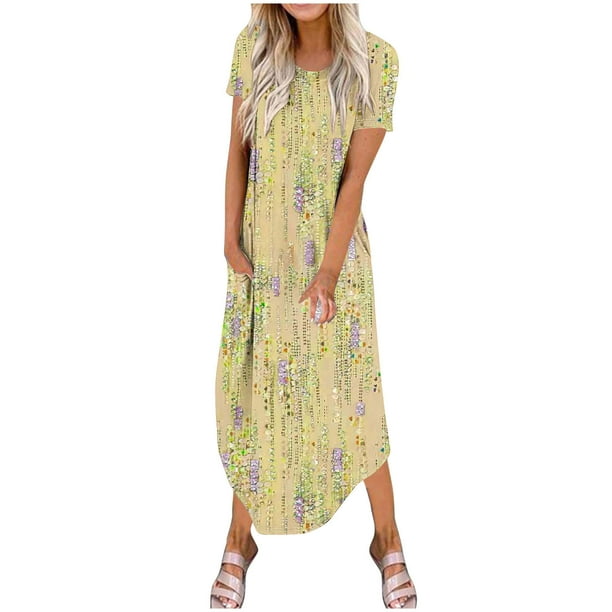 Vestidos de Verano de Mujer Casual Cuello Redondo Bolsillos de Manga Corta Impresión Vestido Largo, Vestido Ligero de Poliéster para Diario, Fiesta Y Primavera