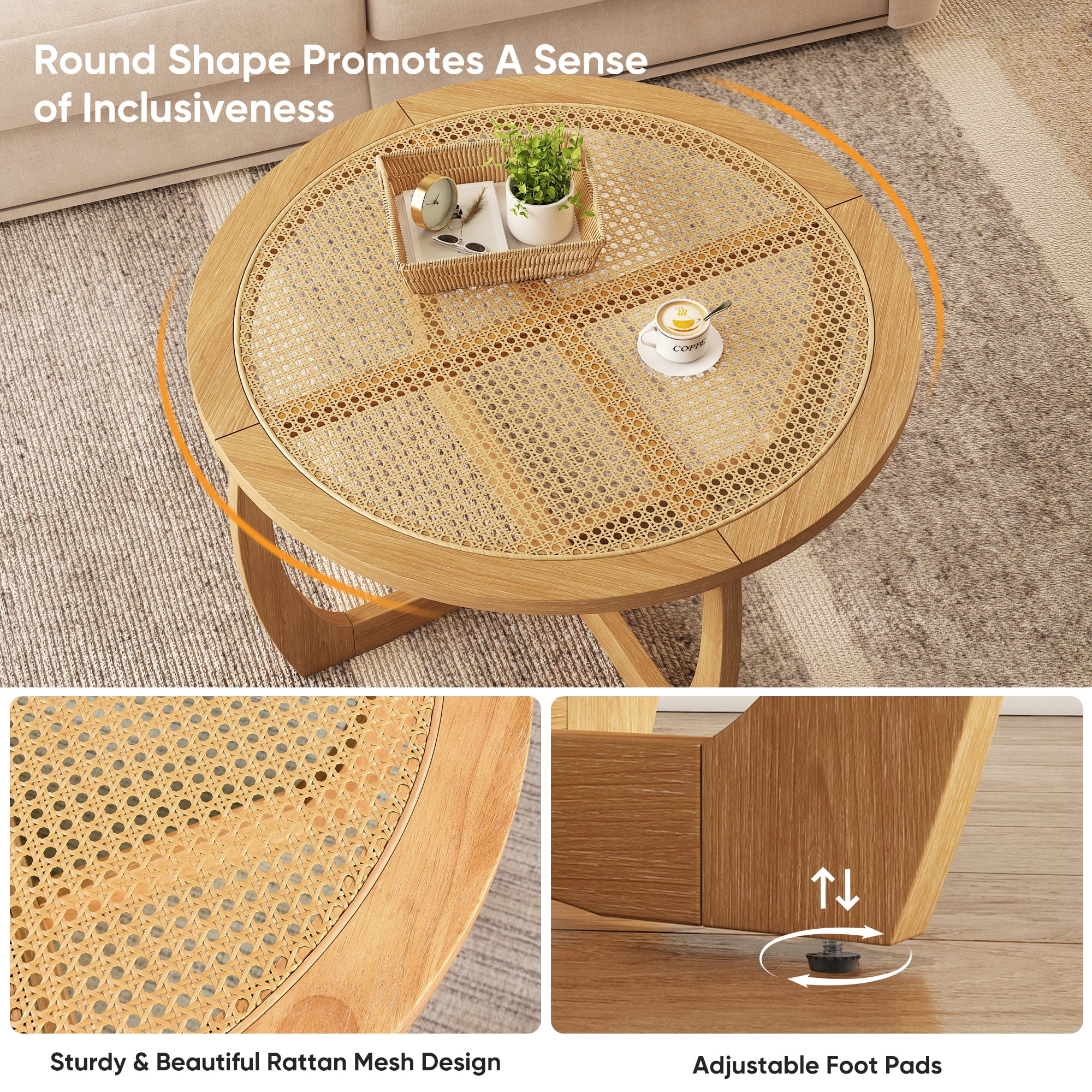 Round Wood Coffee Table with Handmade Rattan Top, Solid Circle Wooden Center Table with Curved Legs, Farmhouse Cocktail Table for Living Room, Light Brown 32.28" x 18"