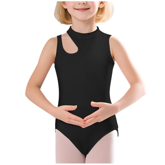 Girls Sleeveless Mock Neck Cutout Asymmetrical Shoulder Leotard for Dance Gymnastics & Active Wear Cotton Blend Black,Size 4-5 T