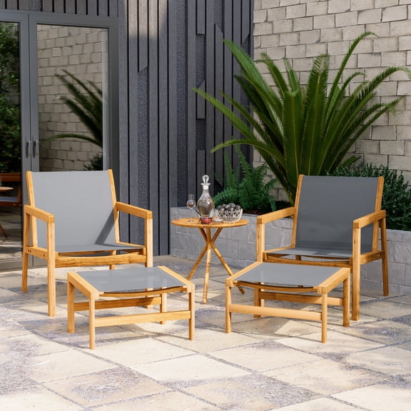 Homall 4 Pieces Patio Conversation Set Outdoor Furniture Set Textilene Acacia Wood Outdoor Chair with Ottoman, Gray