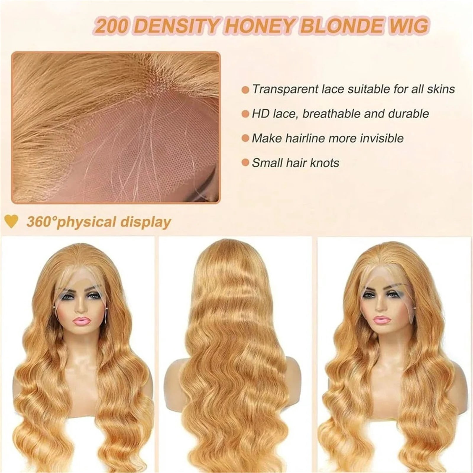 13x6 Body Wave HD Transparent Lace Frontal Wigs Human Hair Honey Blonde Wig 200 Density Pre Plucked
