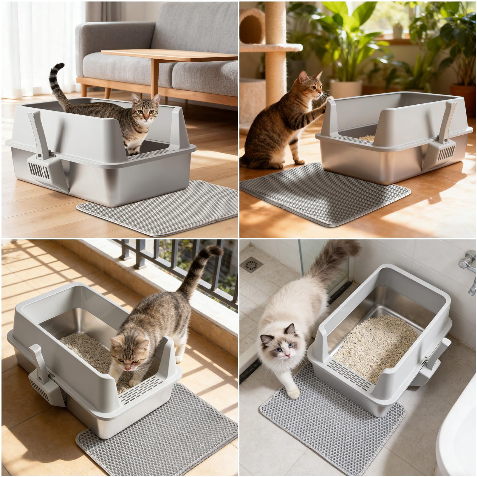 Stainless Steel Cat Litter Box With Lid  Xl Metal High Sided Odor-free/anti-urine Leakage & Non-stick Extra Large Mat Scoop For Multiple/big Cats Easy Cleaning (grey)