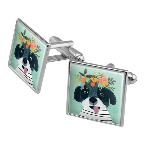 Funny Puppy Flowers in Hair Square Cufflink Set - Silver or Gold