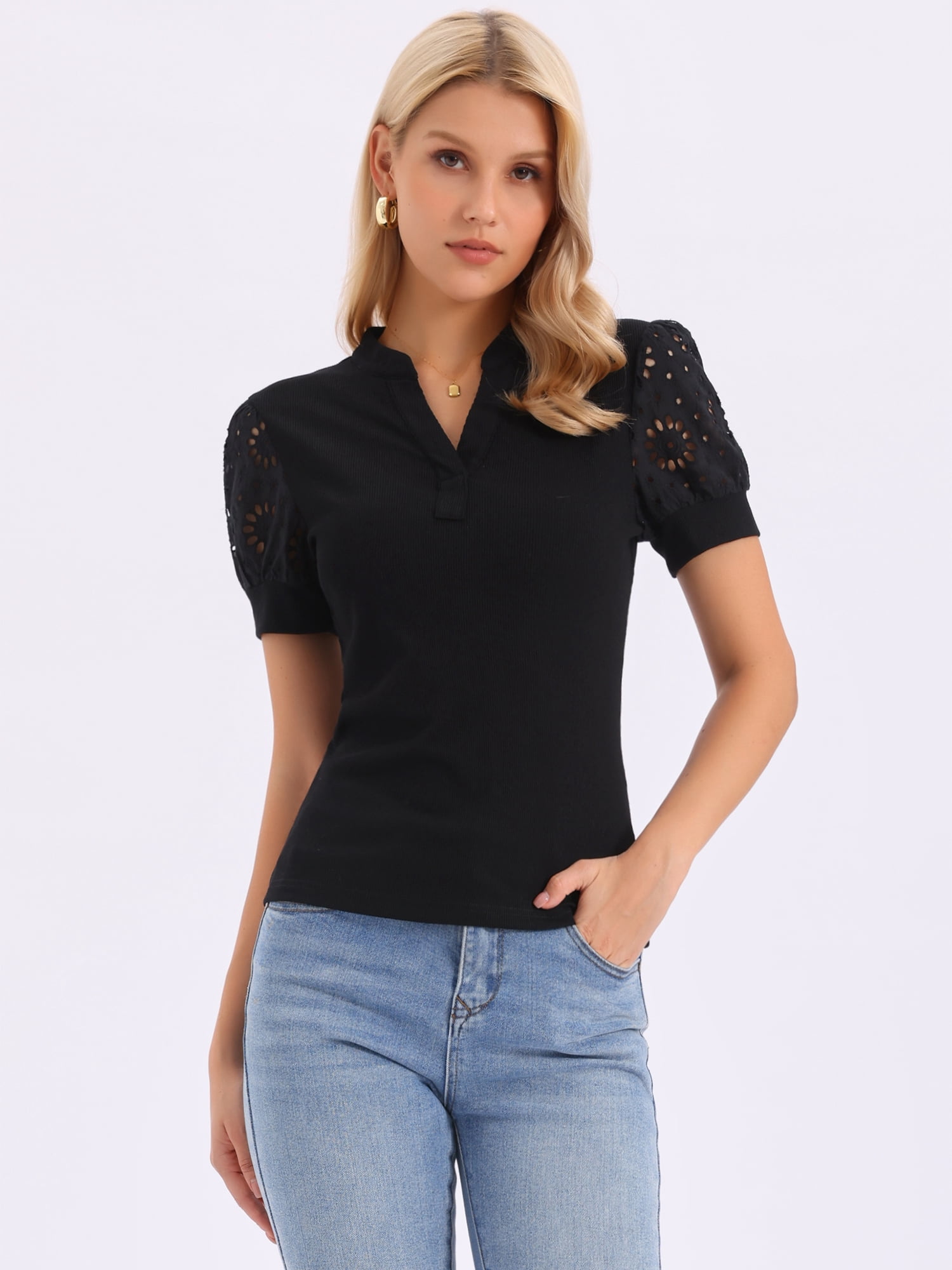 DARING DIVA Women's Short Sleeve Pullover Blouse V Neck Embroidered Knit Tops M Black