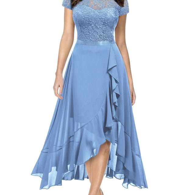 Vestido Con Ribete De Volantes Y Empalme De Encaje, Elegante Vestido Maxi De Manga Corta Con Cuello Redondo, Ropa De Mujer