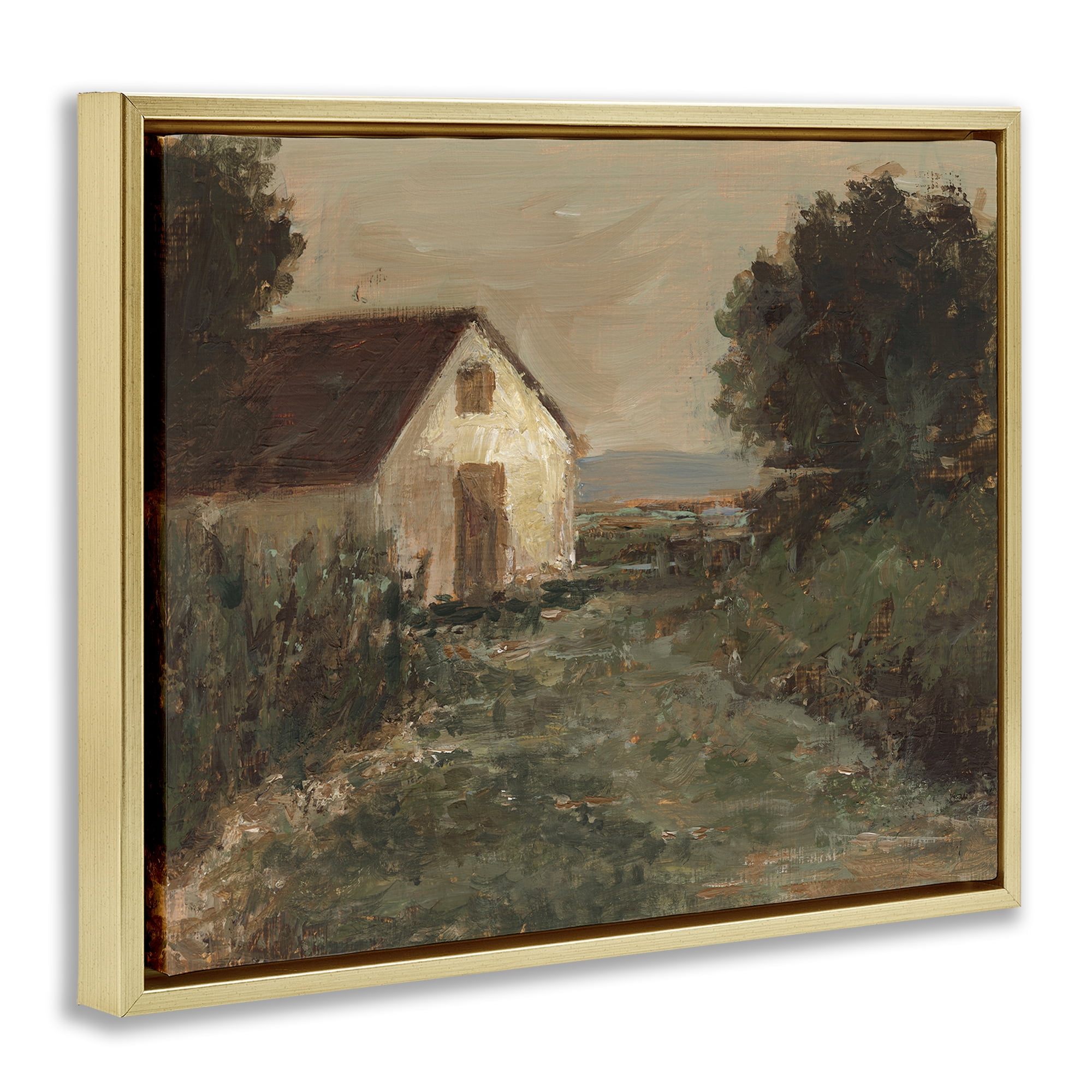Stupell Industries Traditional Cottage by Sea Landscape & Nature Painting Gold Floater Framed Canvas Art Print Wall Art, 31 x 25