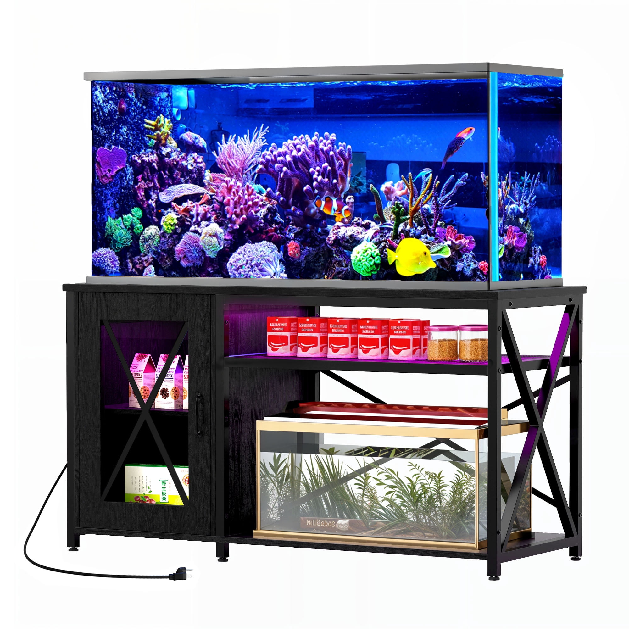 Uforic Heavy Duty Metal Aquarium Stand for 55-75 Gallon Tanks with LED Lights & Power Outlets - Black