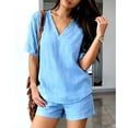 thumbnail image 2 of Costeam Womens 2 Piece Linen Blend Co Ord Set V Neck Short Sleeve Top and Elastic Waist Shorts Casual Summer Matching Outfit with Side Pockets, 2 of 8