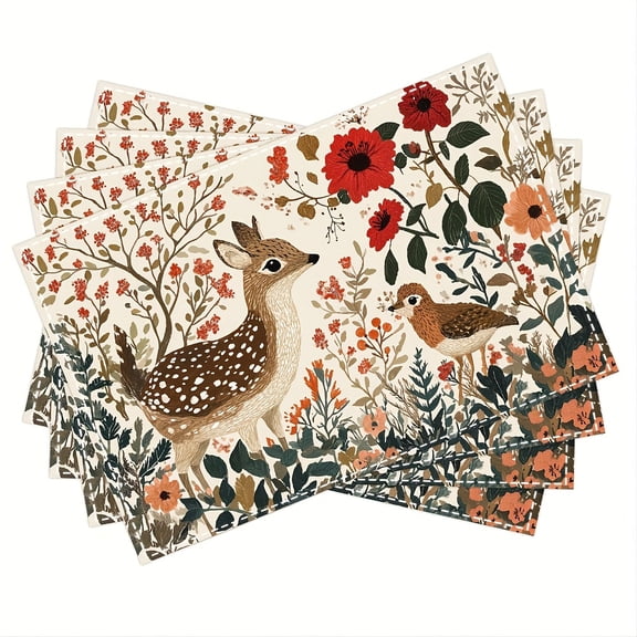 4pcs, Hygge Scandinavian Cottagecore Animals and Flowers placemats, fashion print pattern table mat, for dining table, kitchen, party, indoor, holiday, dinner parties and home decor (table mats) 12x1