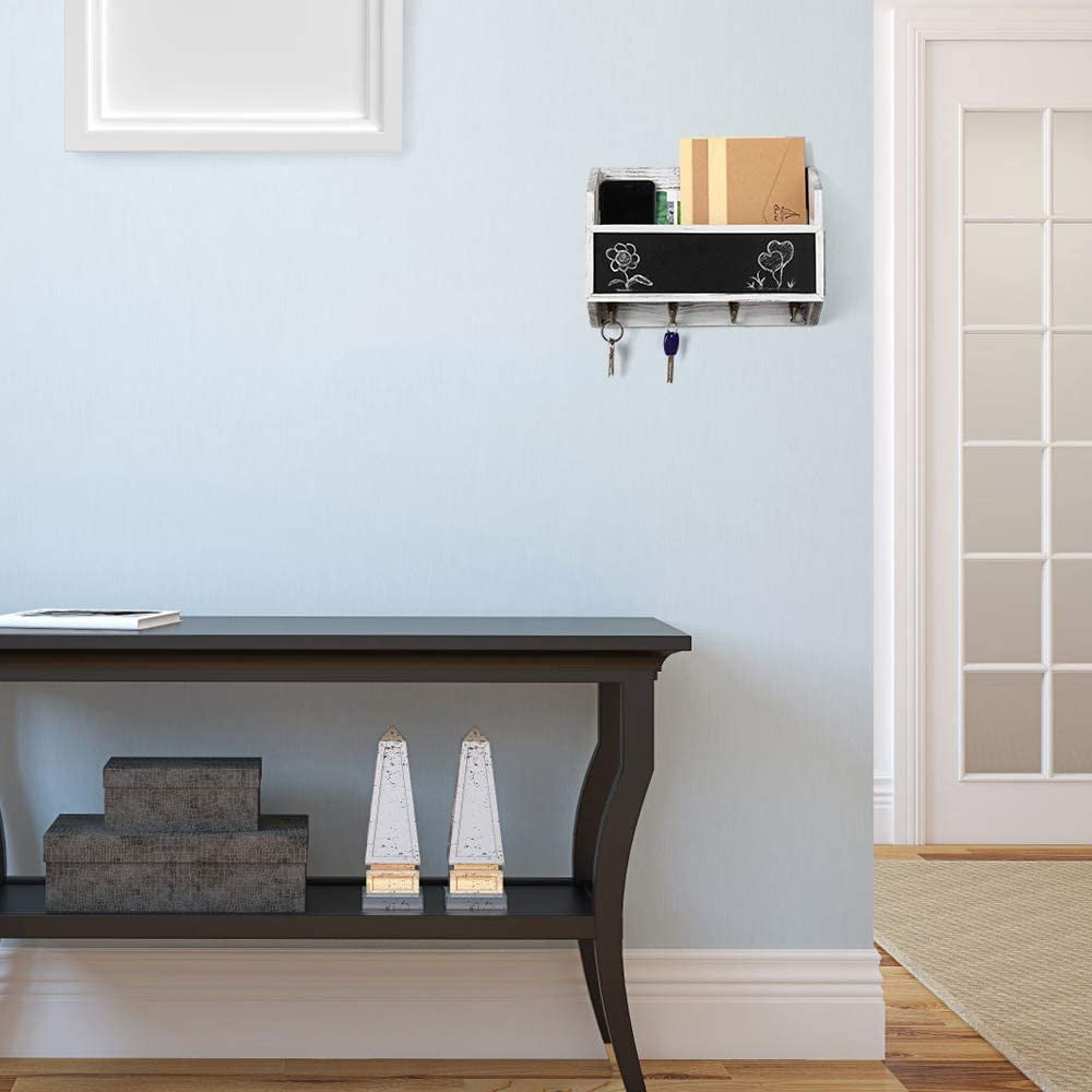 Oumilen Wall Mount Mail & Key Holder Organizer with 4 Key Hooks Whitewash
