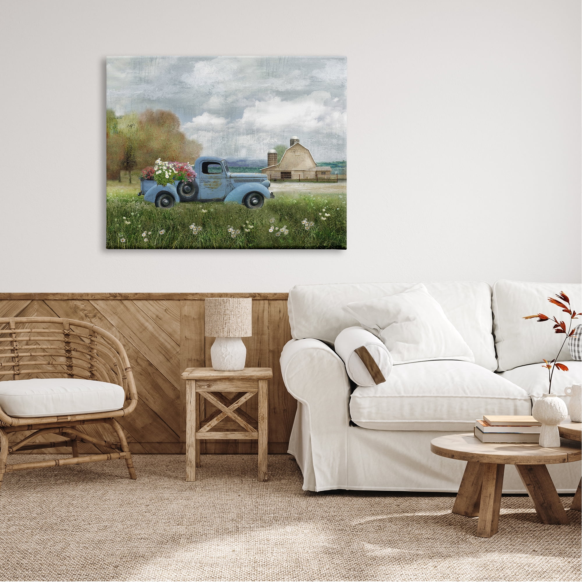 Stupell Industries Vintage Blue Truck Flower Bouquet Cloudy Sky Farmhouse Farmhouse Painting Gallery-Wrapped Canvas Print Wall Art, 48 x 36, Design by Nan