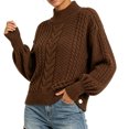 thumbnail image 3 of Women's Mock Neck Cable Knit Sweater, Long Sleeve Cropped Pullover, Loose Button Detail Knitted Jumper, Warm Casual Tops for Fall Winter Daily Wear Brown One Size, 3 of 4