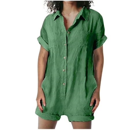 Diufon Cotton Linen Bodysuit for Women Short Sleeve Lapel Neck Short Overalls Button Rompers with Pockets