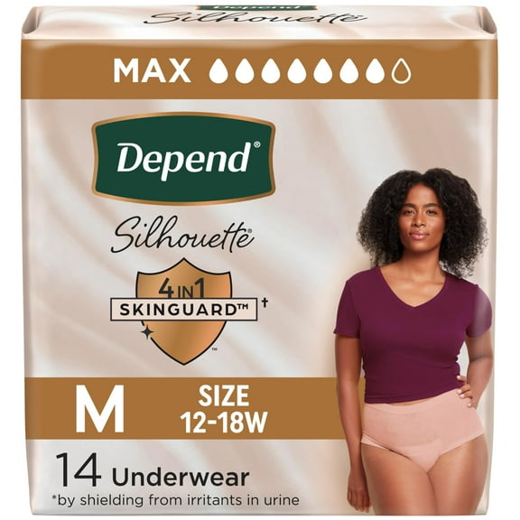 Depend Silhouette Adult Diapers, Incontinence & Postpartum Bladder Leak Underwear for Women, Maximum Absorbency, Medium, Pink, 14 Count, Packaging May Vary