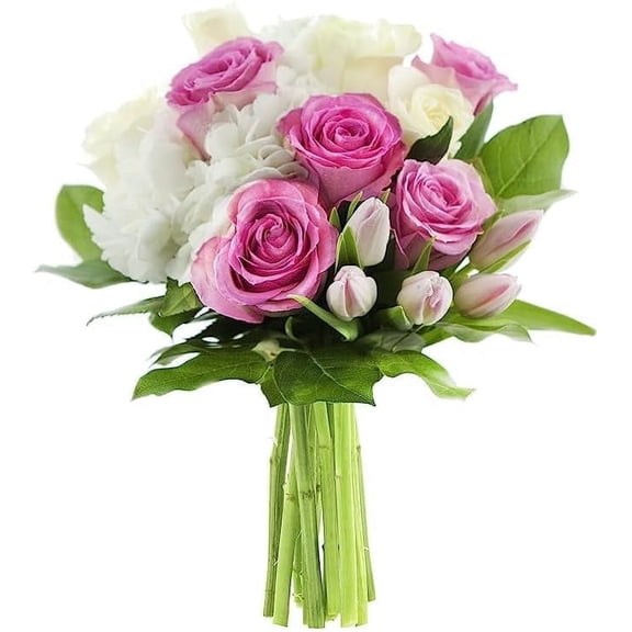 KaBloom : 5 Pink Rose 4 White Rose 5 Pink Tulip 1 White Hydrangea with greens, Next-Day Delivery.
