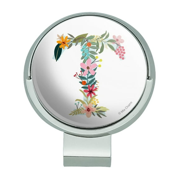 Letter T Floral Monogram Initial Golf Hat Clip With Magnetic Ball Marker