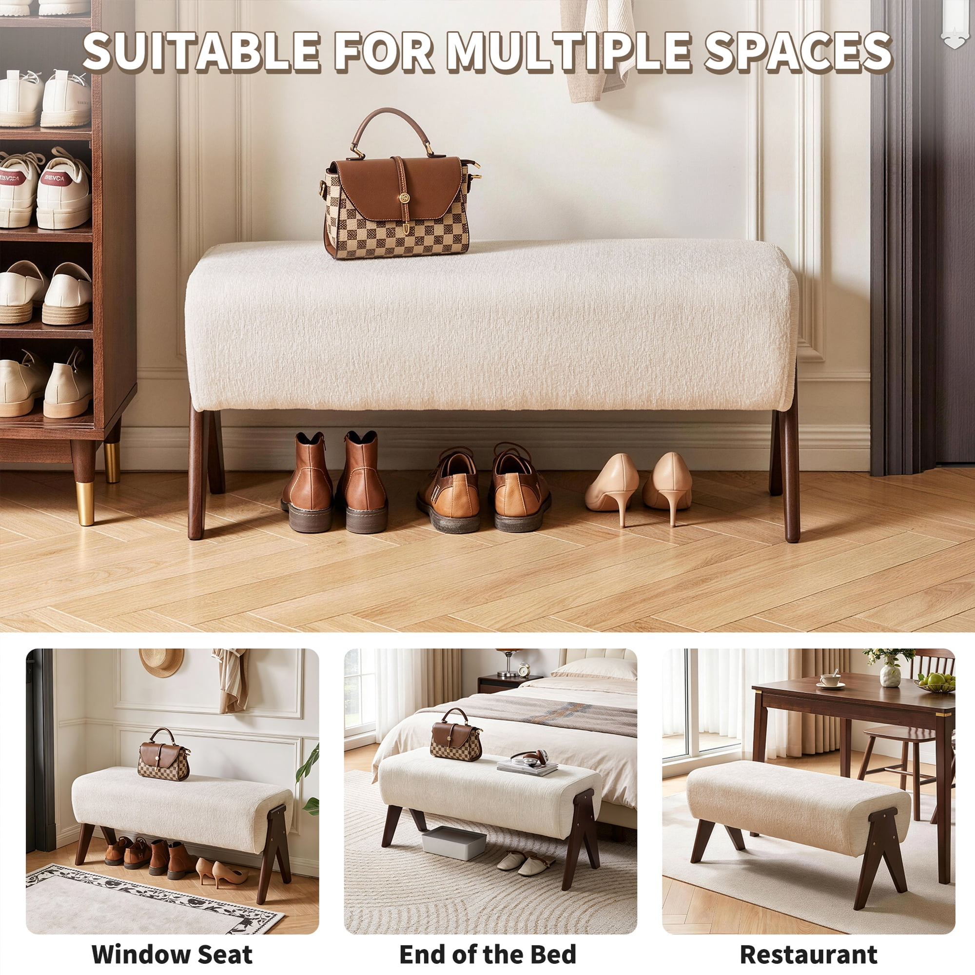 Leumius Chenille Bench,Modern Upholstered with Ergonomic Padded and Solid Wood Legs,Ottoman Bench for Foyer Bedroom Living Space,Entry,White