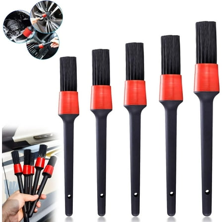 5 Pack Car Detailing Brush Set, Different Sizes Premium Natural Mixed Fiber Plastic Handle Automotive Detail Brushes for Cleaning Tires, Engine, Interior, Air Vents, Car, Motorcy