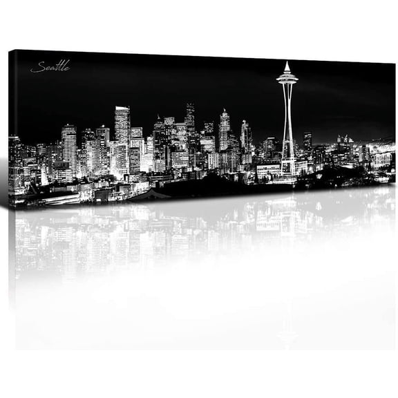 Aaheei Black and White Seattle Skyline Wall Art for Washington City Wall Decor Skyscraper Space Needle Picture Office Bedroom Canvas Prints Night Cityscape Panorama Artwork Home Decoration