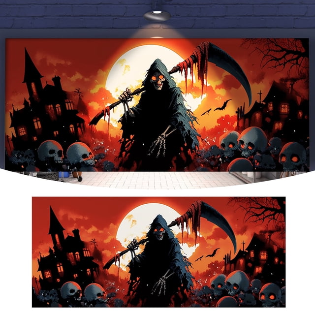 Heavy Duty Garage Banner 15x7 Feet Halloween Theme Polyester Material Durable Weather Resistant Easy to Hang Reinforced Edges for Halloween Party Photo Scenes