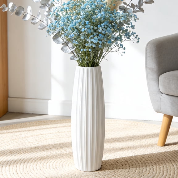 17.7" White Ceramic Tall Vase, Minimalist Floor Vase for Living Room and Office Decoration