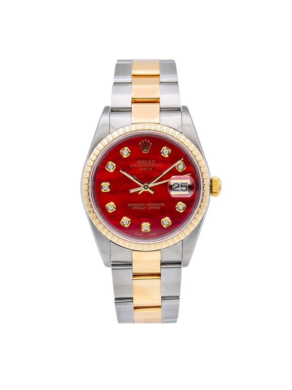 Pre-Owned Rolex Date 34MM 15223 Red Mother of Pearl Diamond Dial Engine Turned Bezel Two Tone Yellow Gold Oyster Bracelet 1.2ct