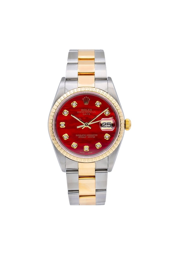 Pre-Owned Rolex Date 34MM 15223 Red Mother of Pearl Diamond Dial Engine Turned Bezel Two Tone Yellow Gold Oyster Bracelet 1.2ct