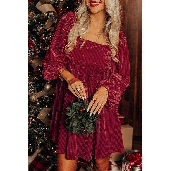 a.Jesdani Elegant Red Velvet Dress: Square Neck, Long Sleeves, Tie-Back Style