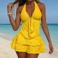 thumbnail image 4 of Pounoo Women's Three Piece Swimsuits Halter Neck Flowy Top Solid Bathing Suits Summer Vacation Style Lightweight Swimwear with Cover Up Gift, 4 of 9