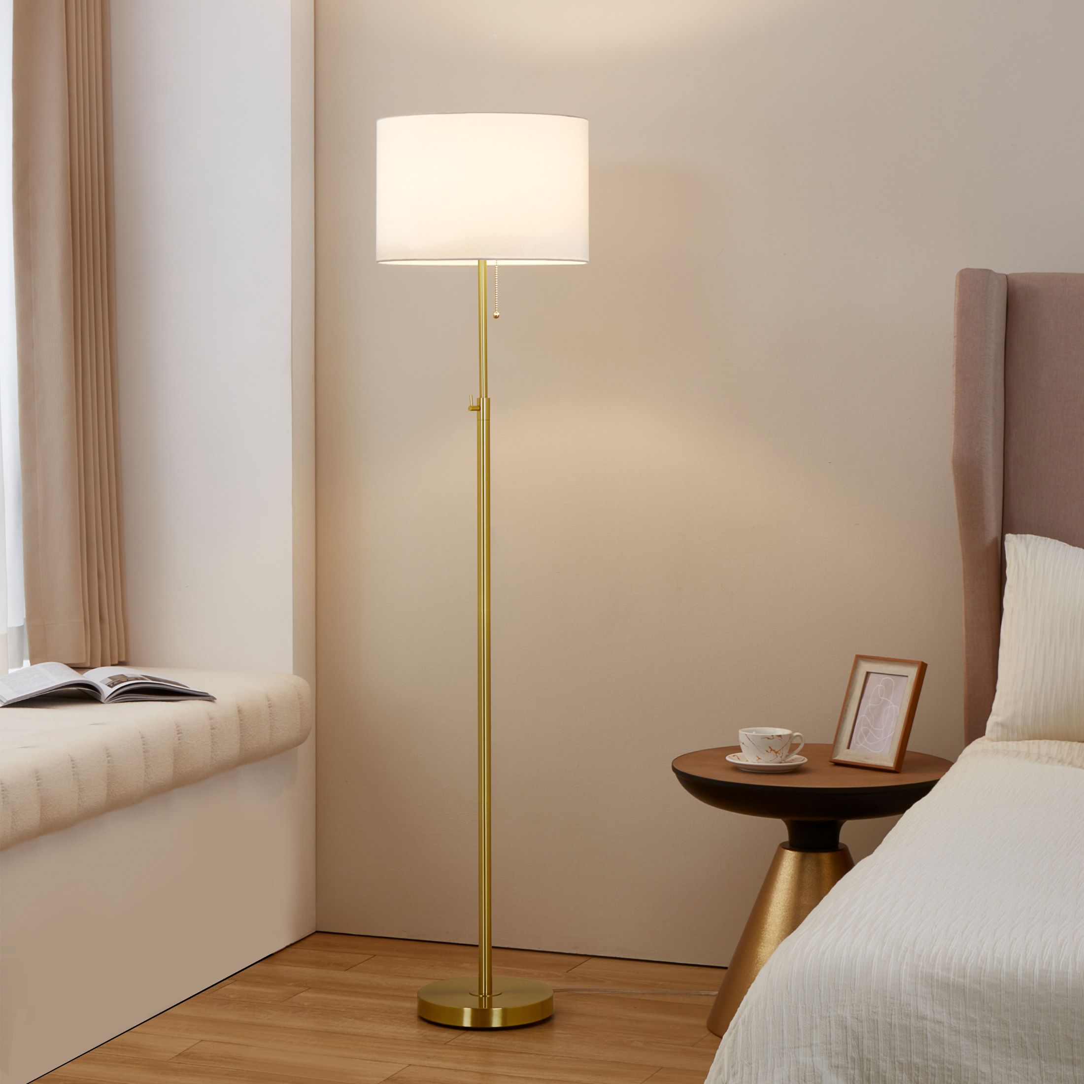 KAWOTI 64.5'' Adjustable Height Floor Lamp for Living Room Office, Modern Standing Floor Lamp with Pull-Chain Switch, Antique Brass