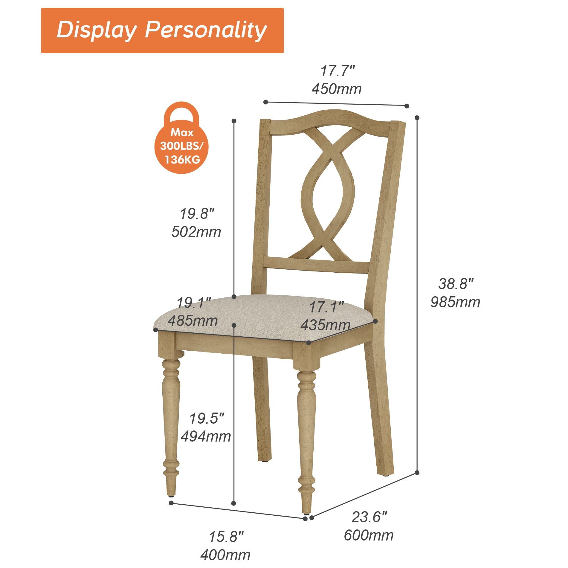 Set of 2 Dining Chairs with Cross-Back & Upholstered Seat, Oak