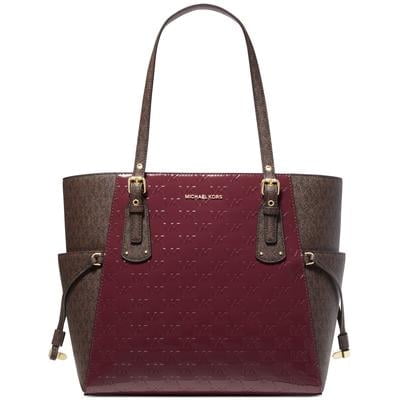 Michael Kors Signature Voyager Large East West Tote,Merlot/Brown