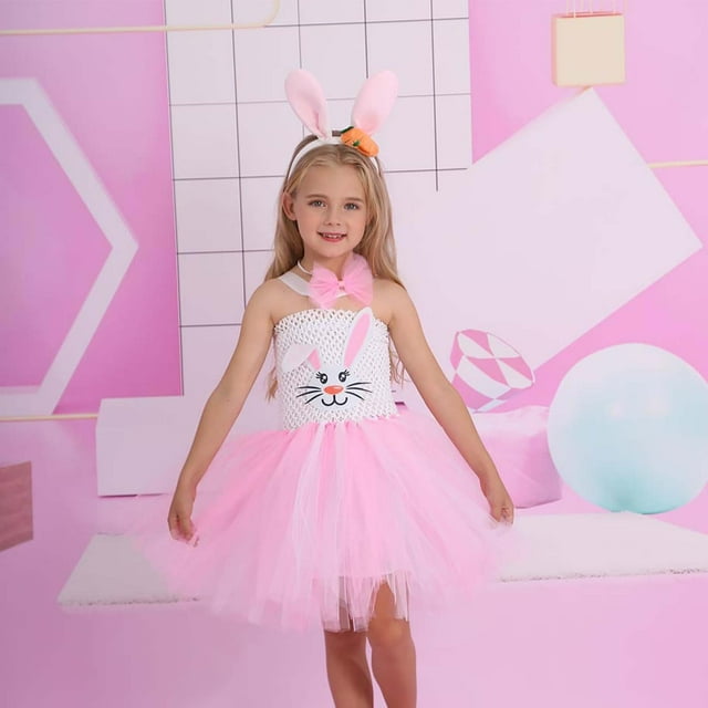 TIMIFIS Robes de Pâques pour Tout-Petites Filles Lapin Fête Robe Tutus d'Été Sans Manches Robe de Spectacle et Bandeau, Col, Queue pour Taille 3 Ans