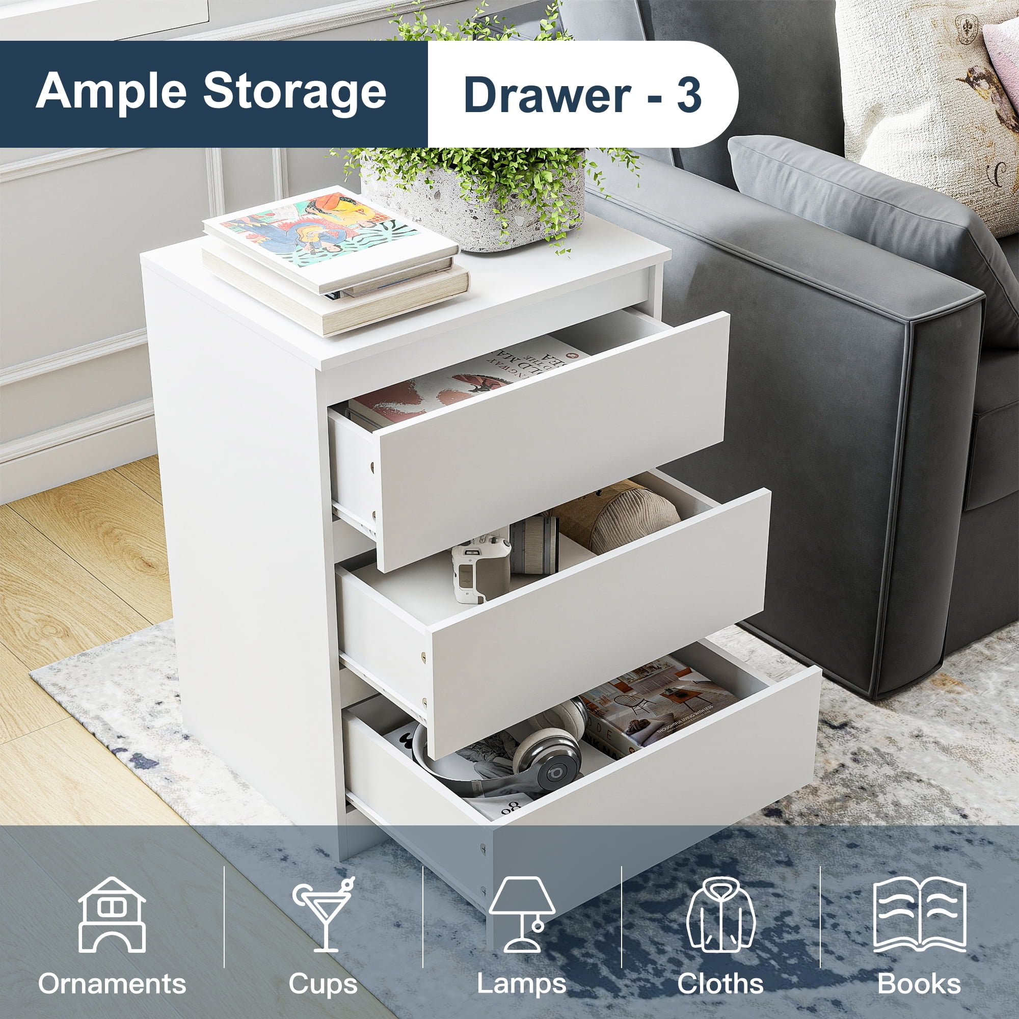 GVN Bedroom Dresser, Chest of Drawers, Modern Simple 3-Drawer Dresser for Bedroom, Living Room, White