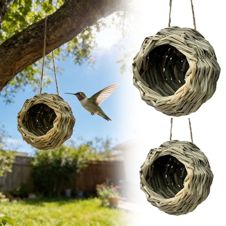 Hummingbird Nests, 2"×4.7" Natural Woven Grass Bird House, Spherical Round Mouth Bird Nests, Handmade Bird Houses for Outside, Natural Fiber Bird Hut Roosting Pocket for Finch Canary Chickadee