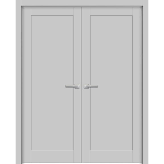 Solid French Double Doors 84 x 84 inches | Quadro 4111 Matte Grey | Wood Solid Panel Frame Trims | Closet Bedroom Sturdy Doors