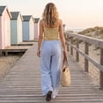 thumbnail image 6 of Women's Pinstripe Linen Palazzo Pants Elastic Drawstring High Waist Flowy Wide Leg Loose Summer Beach Trousers With Pockets Blue S, 6 of 6