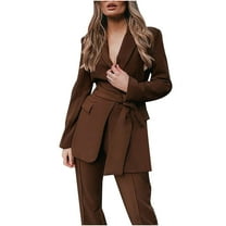 Scyoekwg Blazer Sets Women 2 Piece Outfits Business Office Work Two Piece Sets Long Sleeve Coat Wide Leg Pants 2 Fashion Matching Outfits Two Piece Set Casual Lounge Set (Brown,M)
