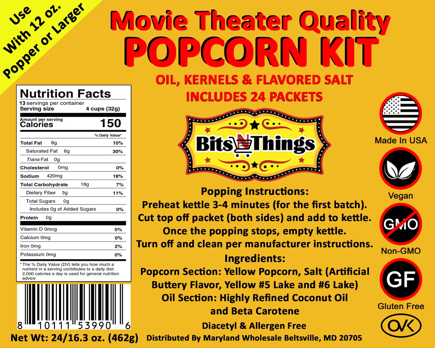 Home Theater All in One Popcorn Kit For 12 oz. Popper | Portion Packets with Kernels, Oil and Flavored Salt | By Bits N Things | Pack of 24