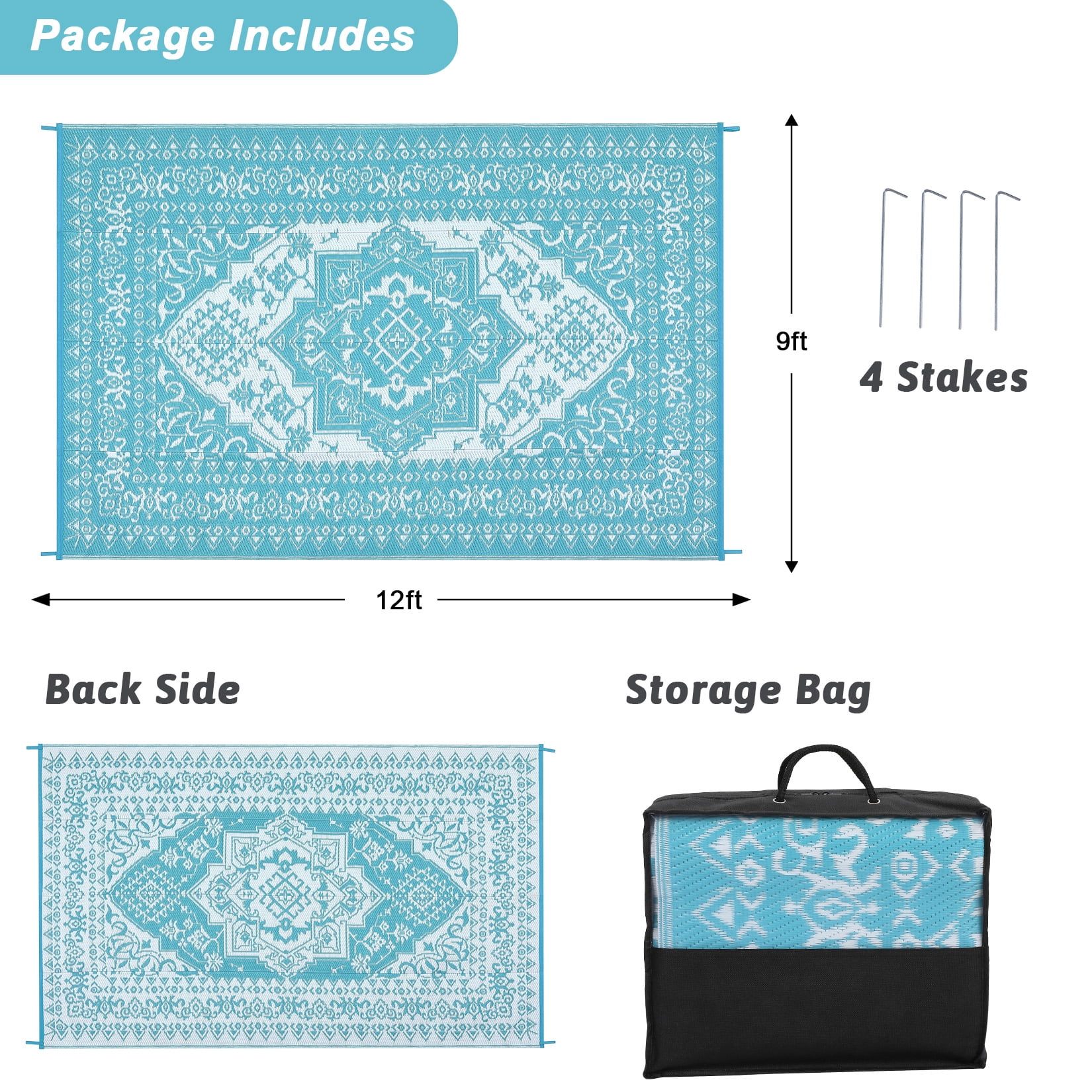 ZACOO Outdoor Reversible Mats Geometric Plastic Straw Rug Waterproof 9x12 Feet Reversible Patio Rug Outdoor Camping Rug for Beach, Blue/White