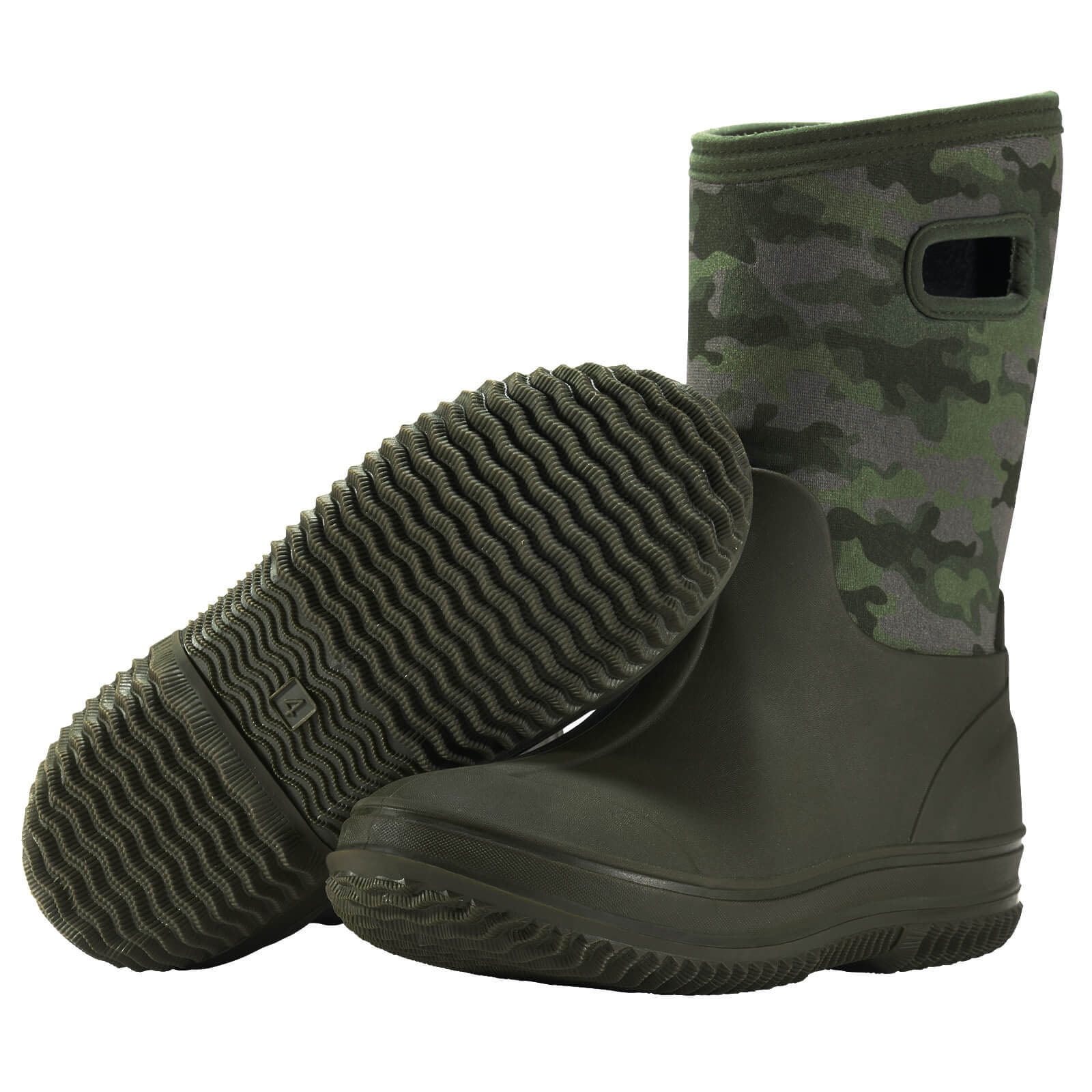 HISEA Kids Rain Boots for Boys Girls, Waterproof Insulated Rubber Neoprene Boots, Seamless Outdoor Boots with Handles Rainboot Mud Boots for Rain, Snow, Winter and Muck, Size 4BK Olive Green