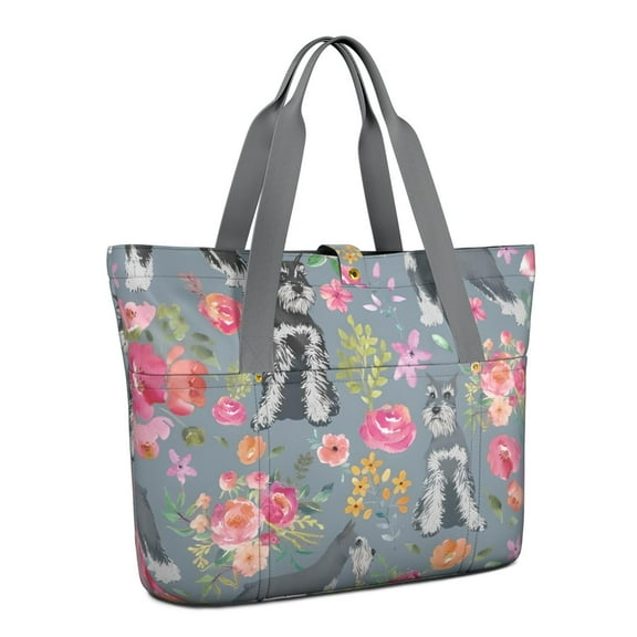 Tote Bag for Women - Schnauzer and Flower Shoulder Bag - Large Utility Work Duffle Bag with Zipper Handbag for Travel, Work, Sprots